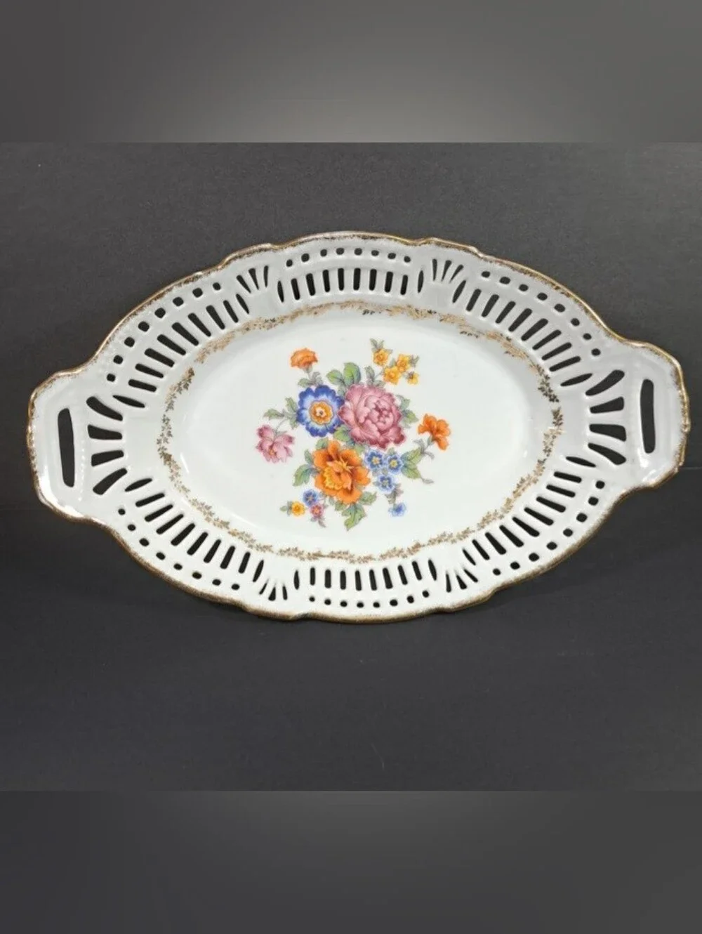 Vintage Floral Reticulated Oval Bowl Gold Trim, Pink Flowers, Made in Germany